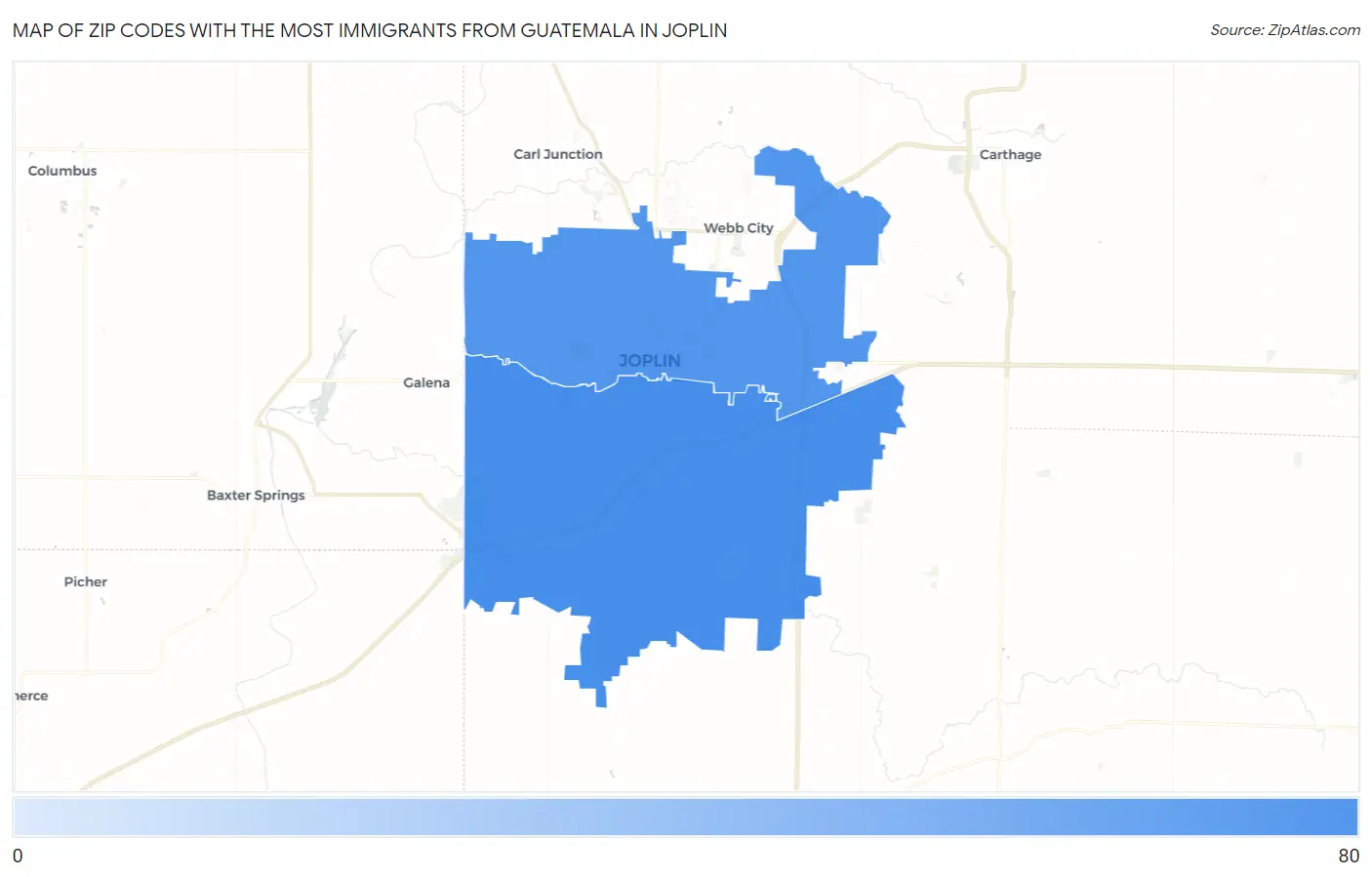 Zip Codes with the Most Immigrants from Guatemala in Joplin Map