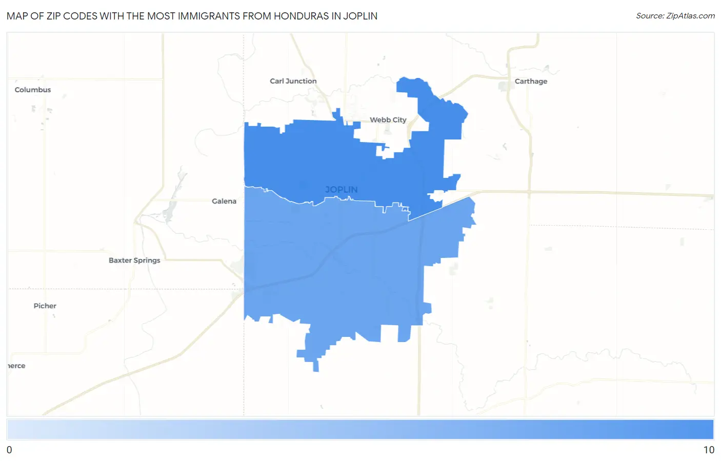Zip Codes with the Most Immigrants from Honduras in Joplin Map
