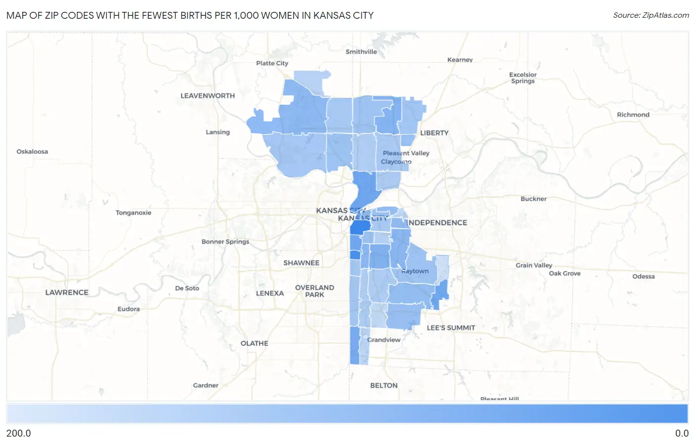 Zip Codes with the Fewest Births per 1,000 Women in Kansas City Map