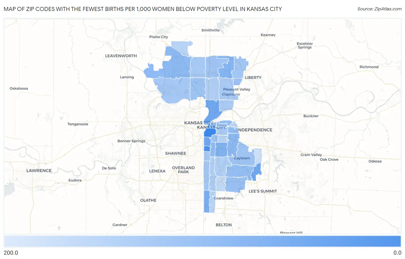 Zip Codes with the Fewest Births per 1,000 Women Below Poverty Level in Kansas City Map