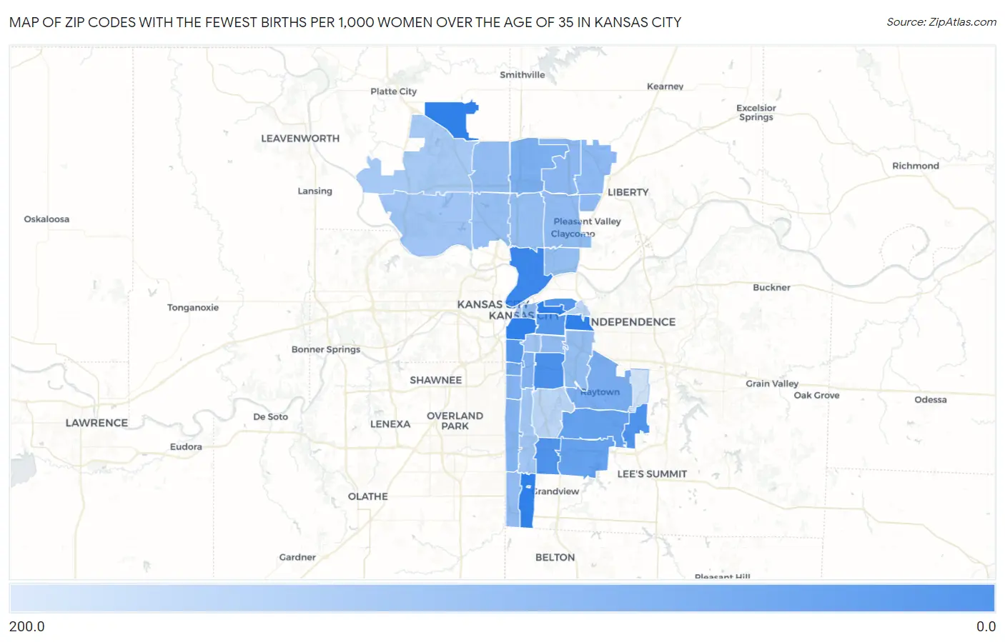 Zip Codes with the Fewest Births per 1,000 Women Over the Age of 35 in Kansas City Map