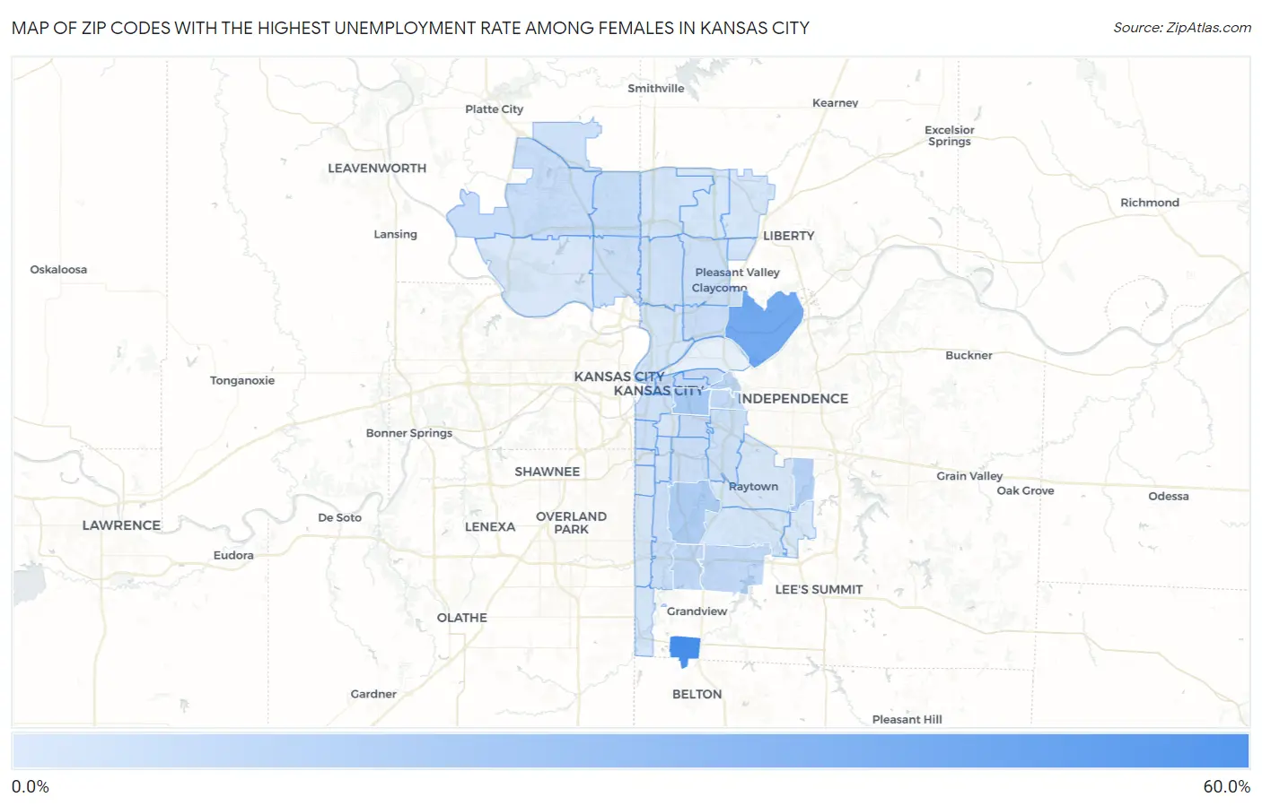 Zip Codes with the Highest Unemployment Rate Among Females in Kansas City Map