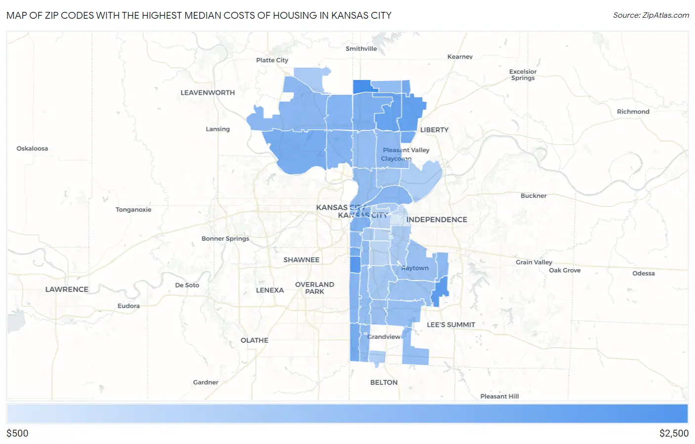 Zip Codes with the Highest Median Costs of Housing in Kansas City Map