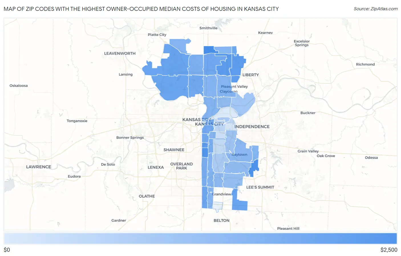 Zip Codes with the Highest Owner-Occupied Median Costs of Housing in Kansas City Map