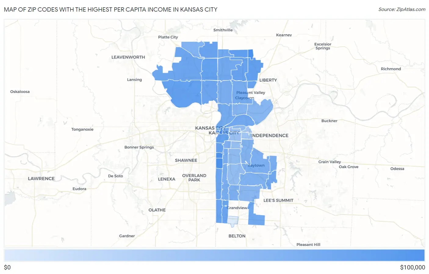 Zip Codes with the Highest Per Capita Income in Kansas City Map