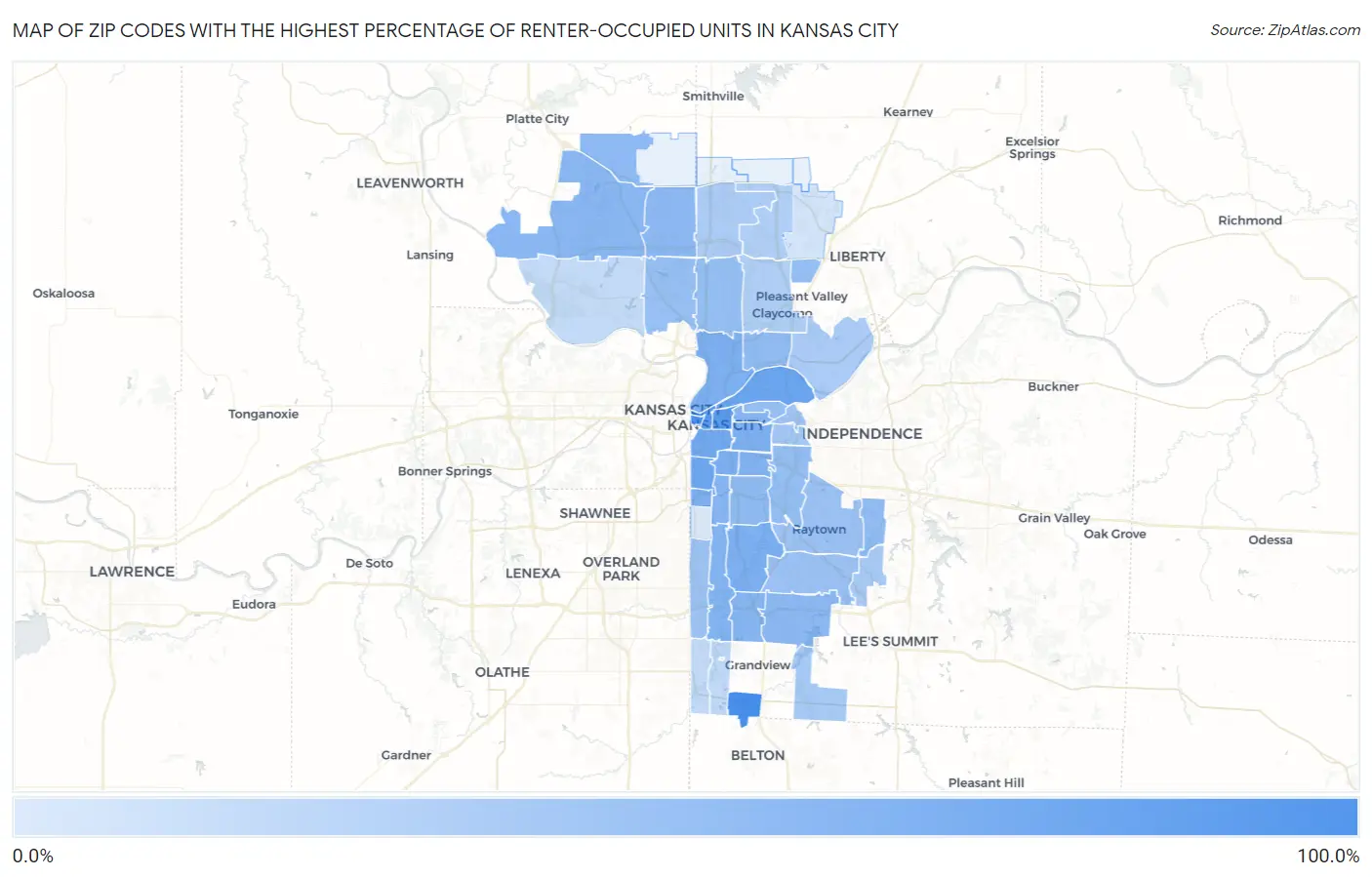 Zip Codes with the Highest Percentage of Renter-Occupied Units in Kansas City Map