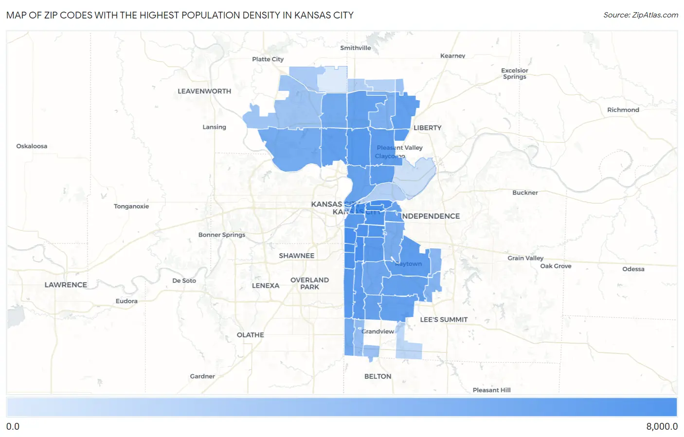 Zip Codes with the Highest Population Density in Kansas City Map