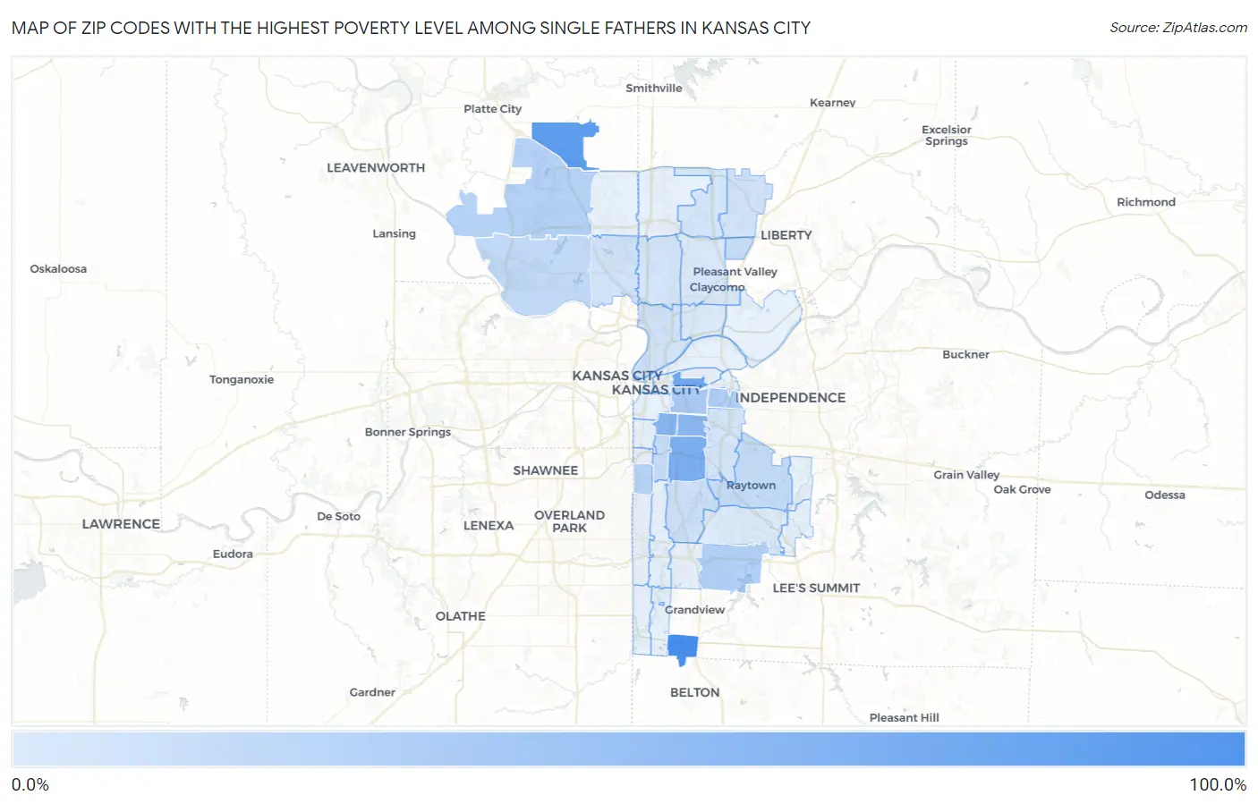 Zip Codes with the Highest Poverty Level Among Single Fathers in Kansas City Map