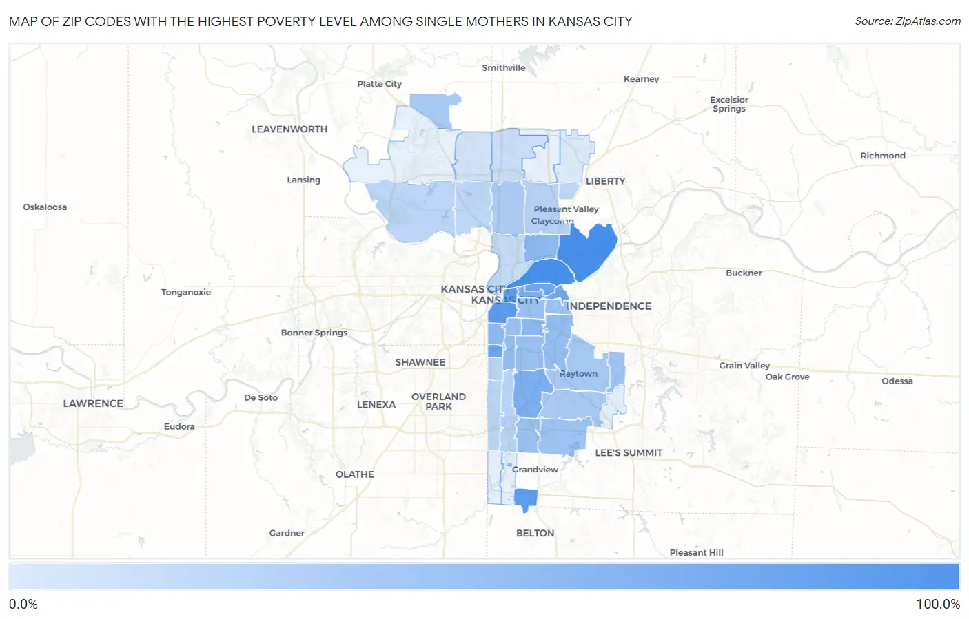 Zip Codes with the Highest Poverty Level Among Single Mothers in Kansas City Map