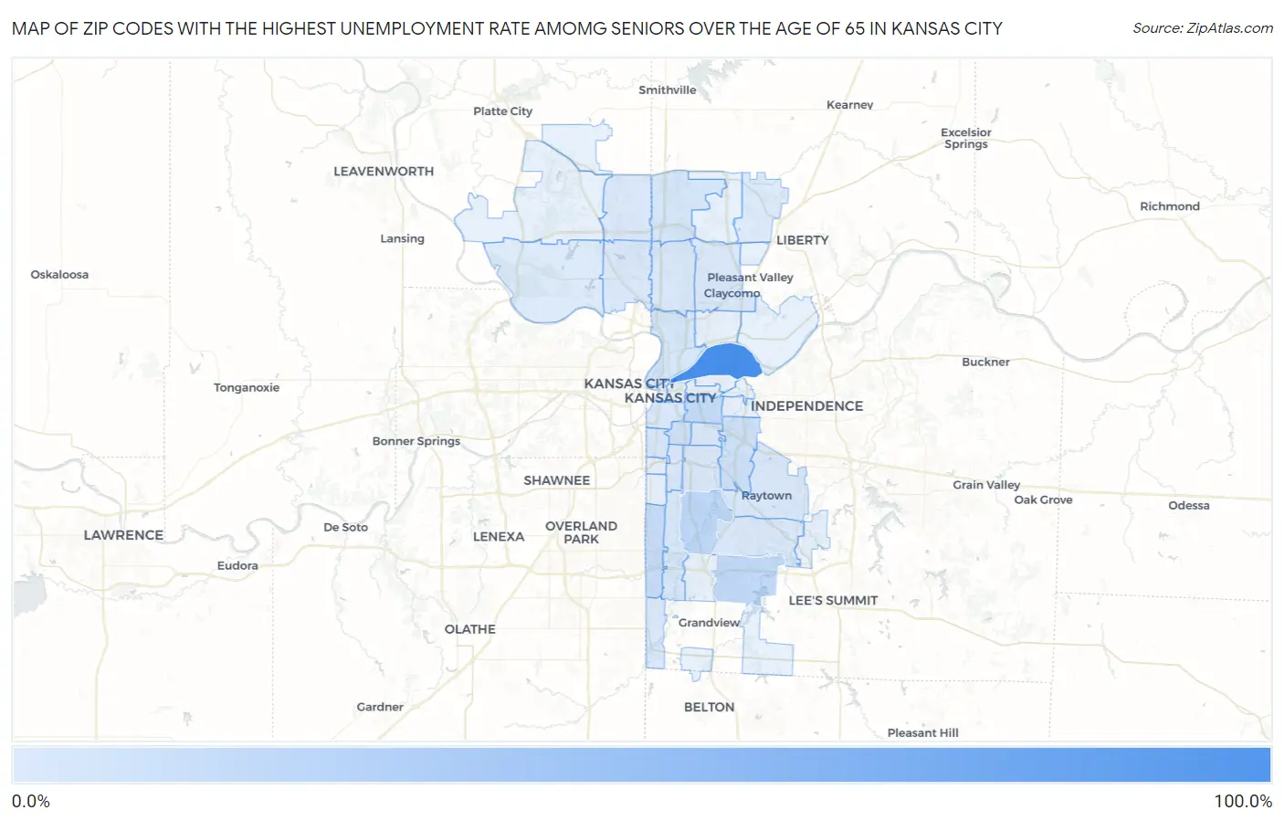 Zip Codes with the Highest Unemployment Rate Amomg Seniors Over the Age of 65 in Kansas City Map