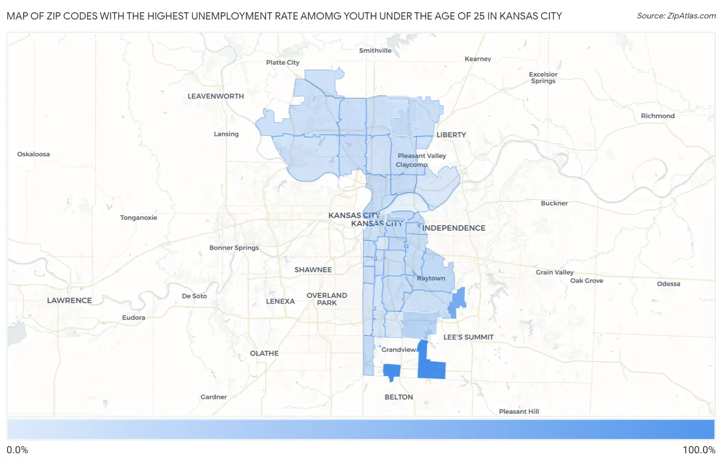 Zip Codes with the Highest Unemployment Rate Amomg Youth Under the Age of 25 in Kansas City Map