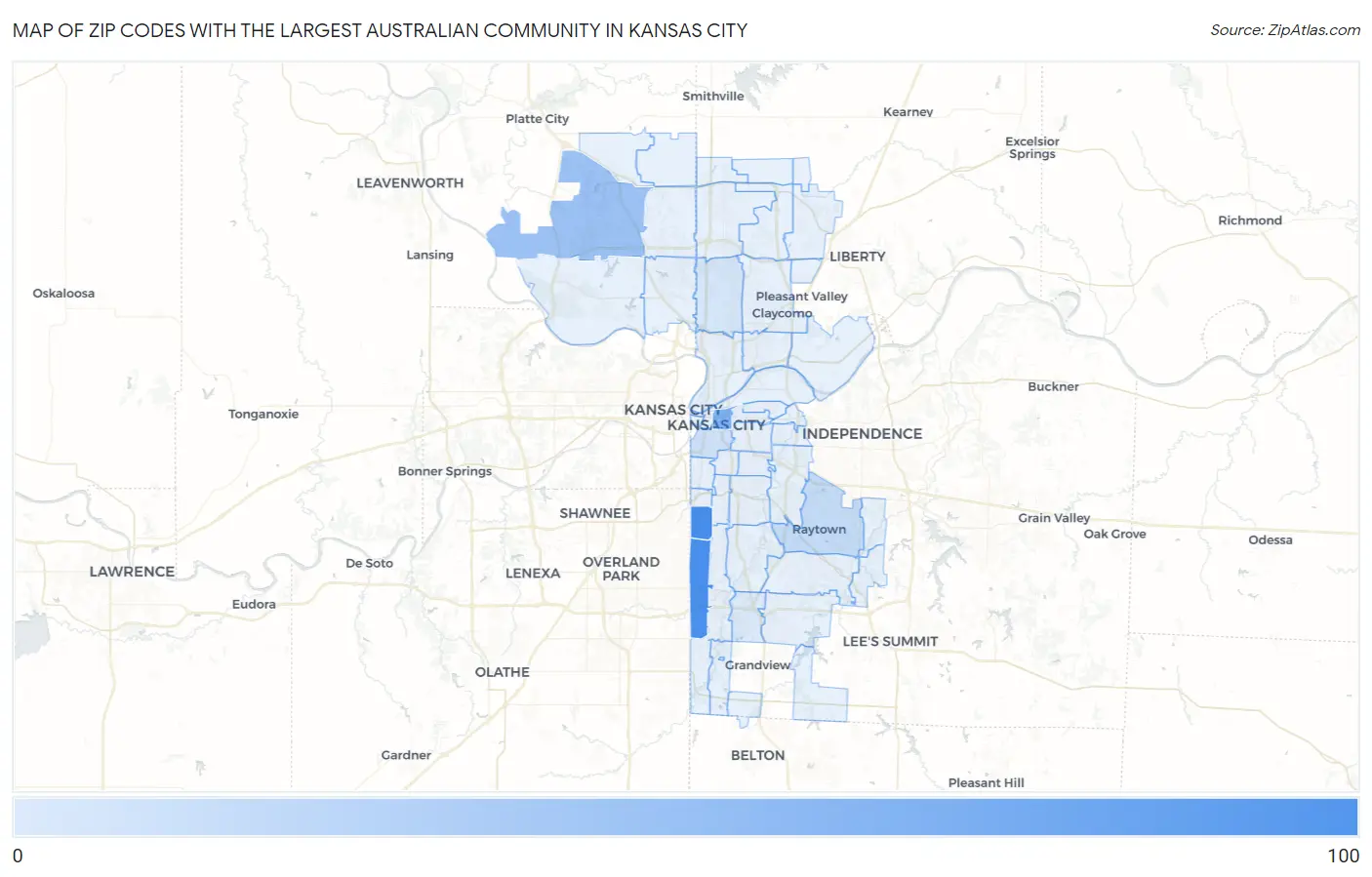 Zip Codes with the Largest Australian Community in Kansas City Map