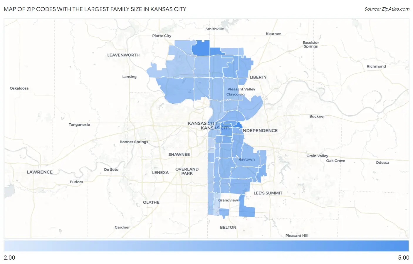 Zip Codes with the Largest Family Size in Kansas City Map
