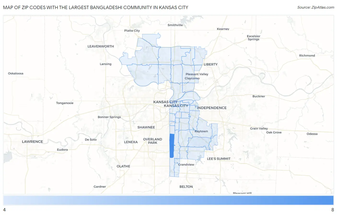 Zip Codes with the Largest Bangladeshi Community in Kansas City Map