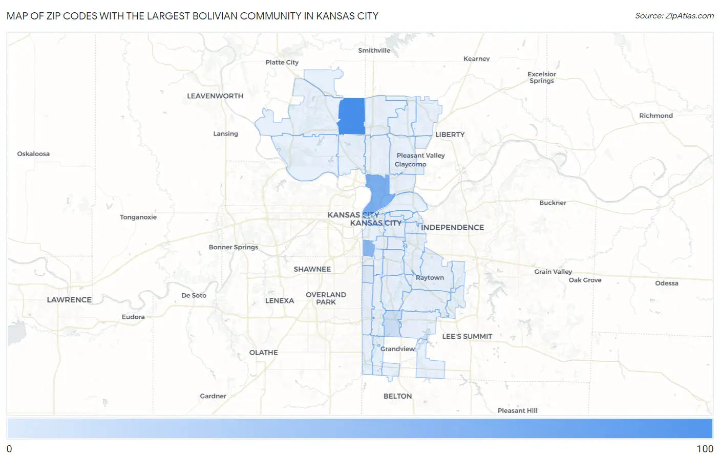 Zip Codes with the Largest Bolivian Community in Kansas City Map
