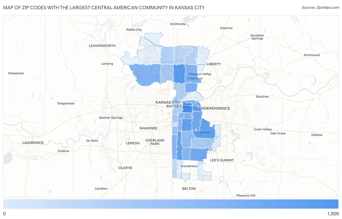 Zip Codes with the Largest Central American Community in Kansas City Map