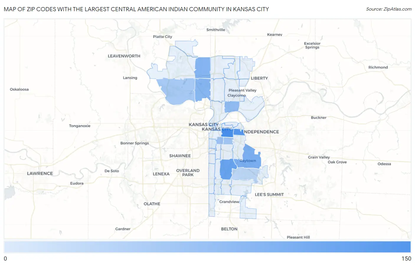 Zip Codes with the Largest Central American Indian Community in Kansas City Map