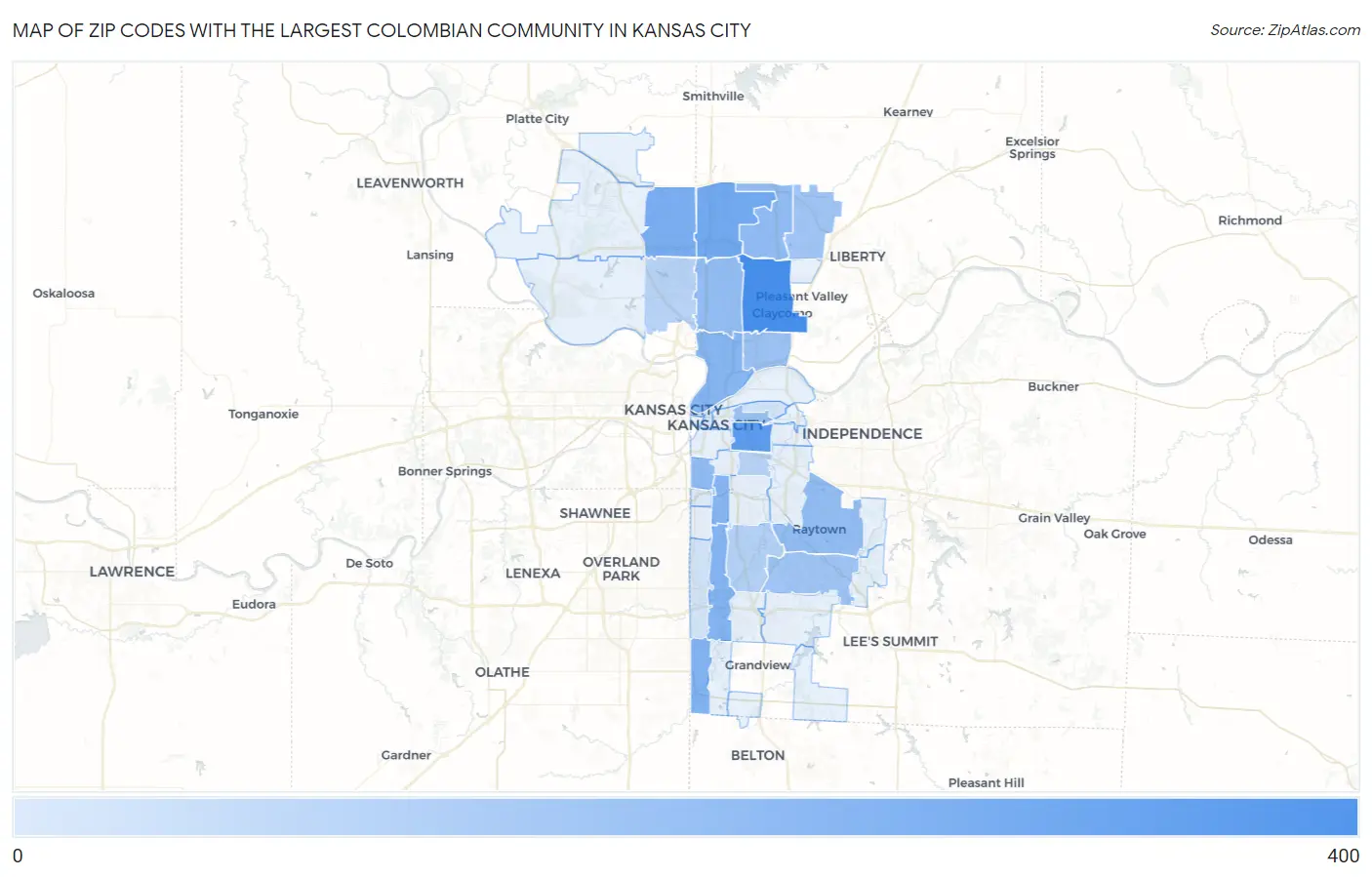 Zip Codes with the Largest Colombian Community in Kansas City Map
