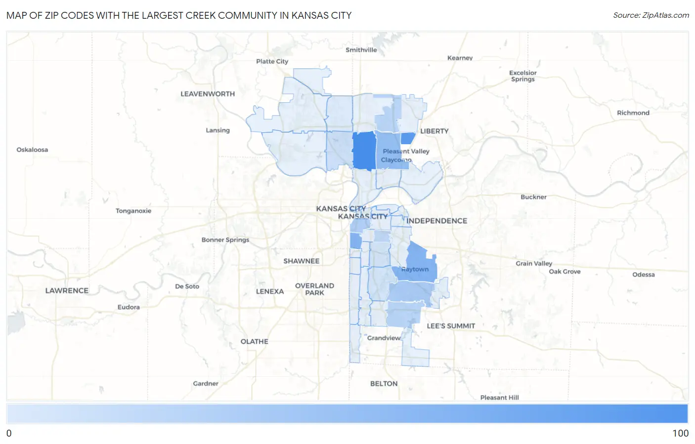 Zip Codes with the Largest Creek Community in Kansas City Map