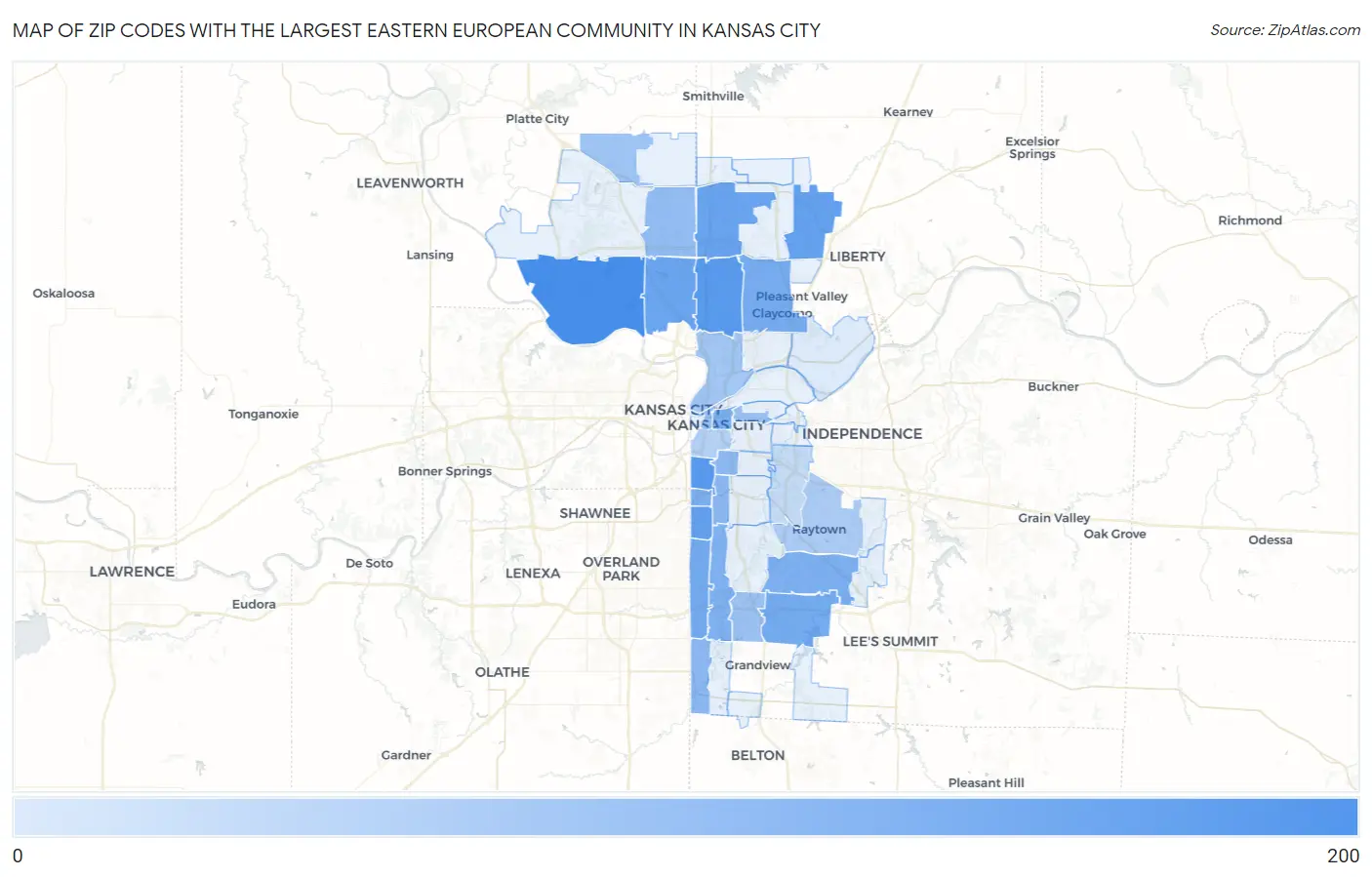 Zip Codes with the Largest Eastern European Community in Kansas City Map