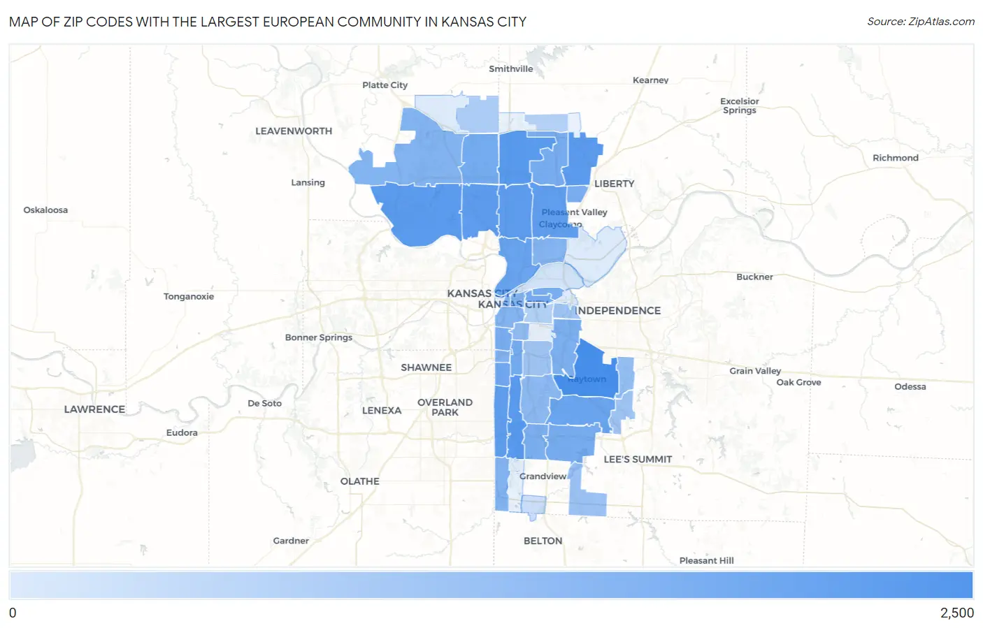 Zip Codes with the Largest European Community in Kansas City Map