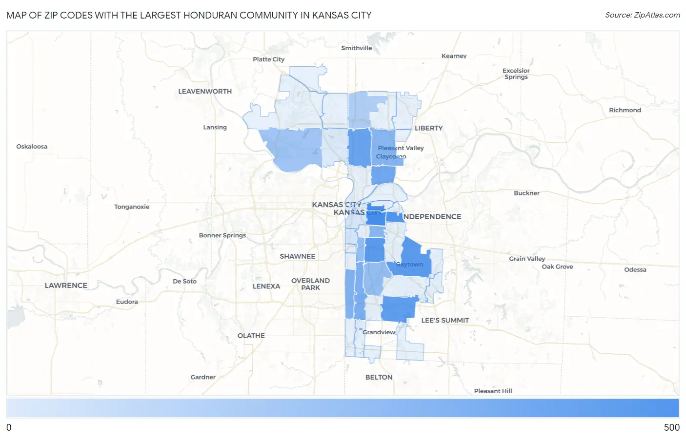 Zip Codes with the Largest Honduran Community in Kansas City Map