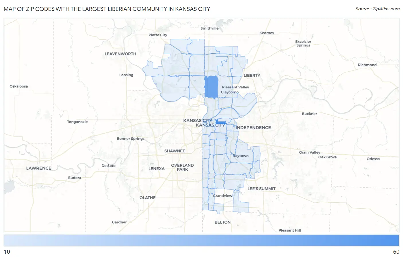 Zip Codes with the Largest Liberian Community in Kansas City Map