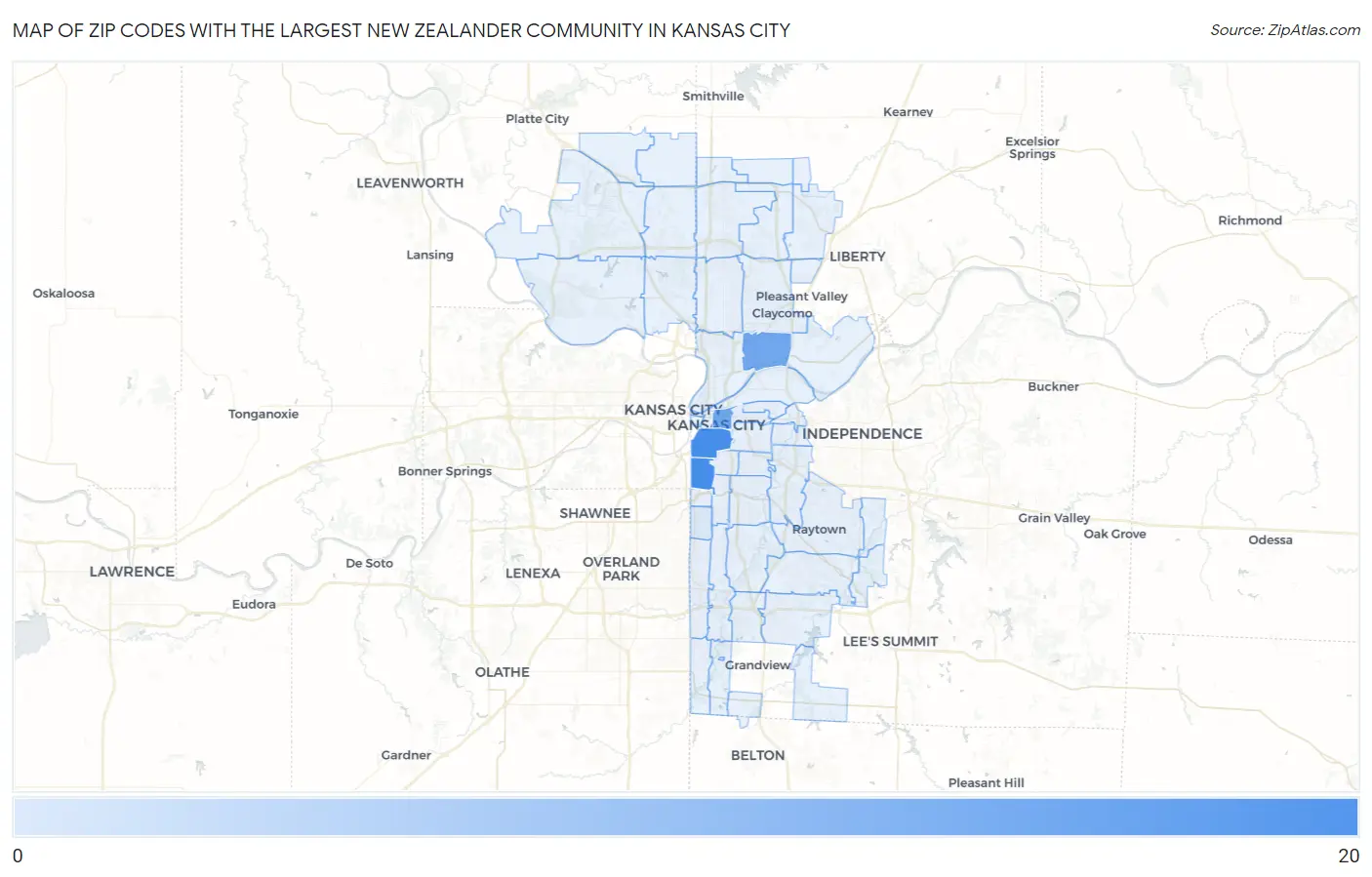 Zip Codes with the Largest New Zealander Community in Kansas City Map