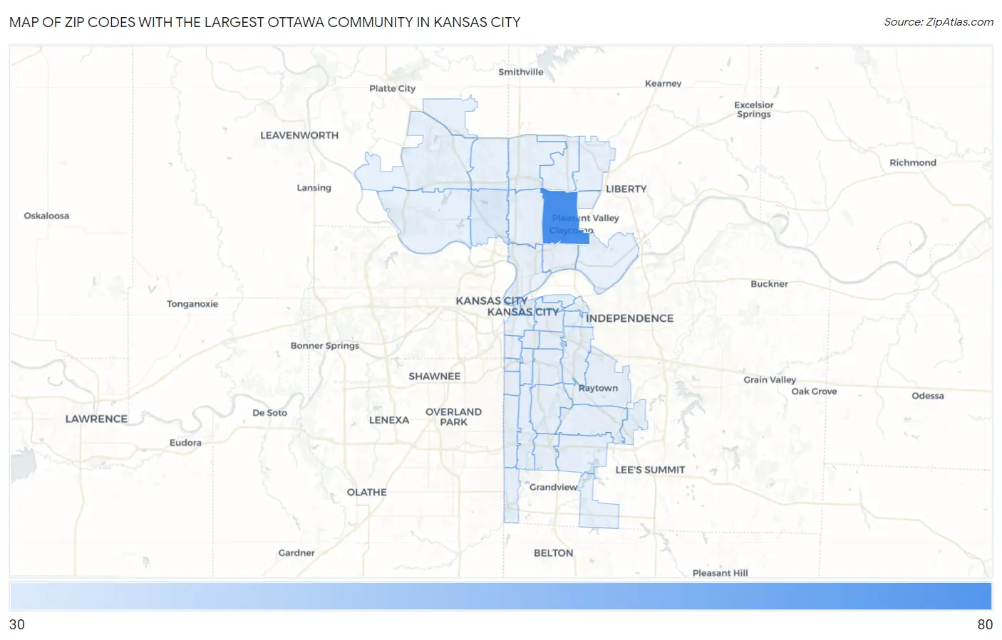 Zip Codes with the Largest Ottawa Community in Kansas City Map