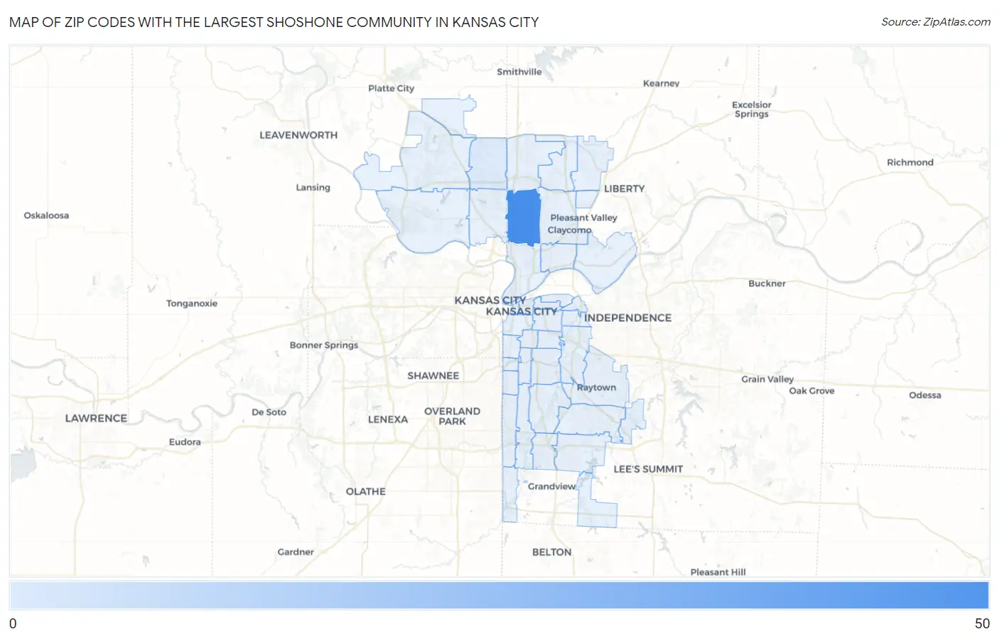 Zip Codes with the Largest Shoshone Community in Kansas City Map