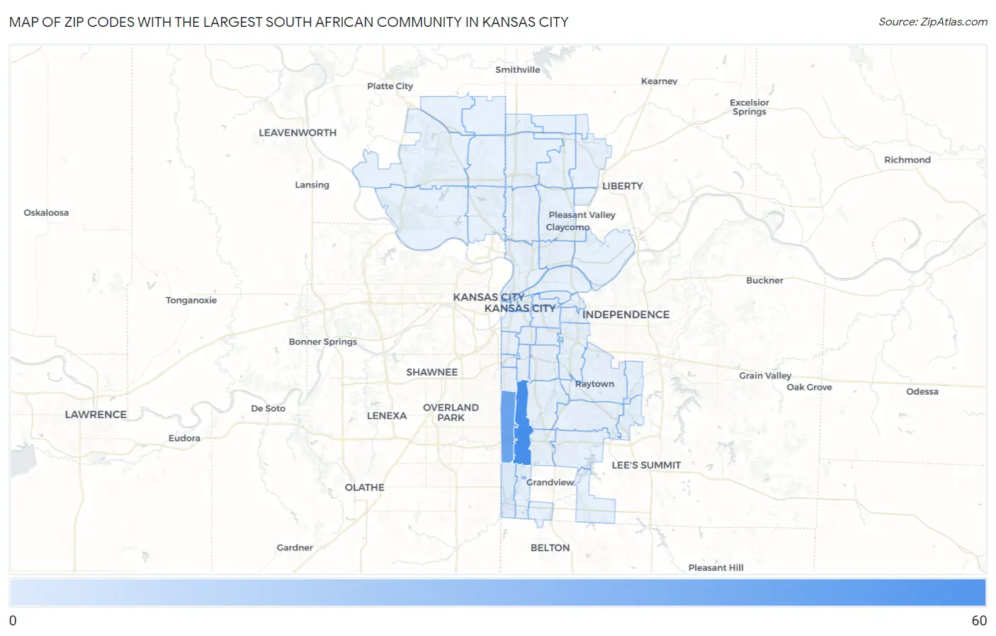 Zip Codes with the Largest South African Community in Kansas City Map