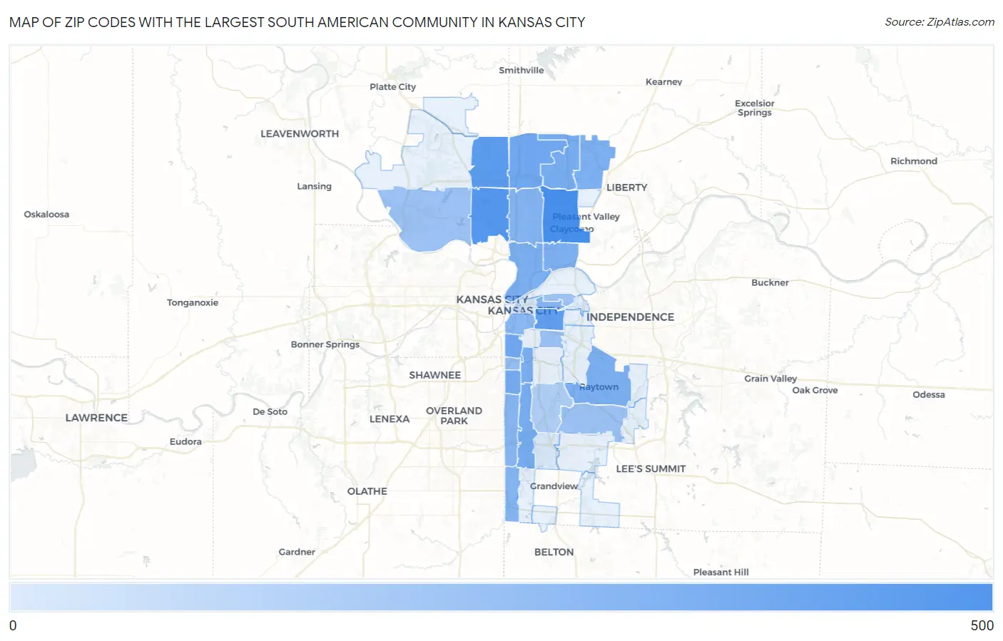 Zip Codes with the Largest South American Community in Kansas City Map