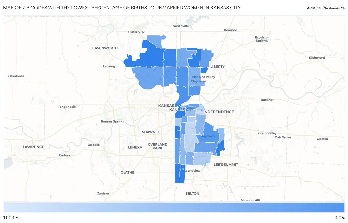 Zip Codes with the Lowest Percentage of Births to Unmarried Women in Kansas City Map
