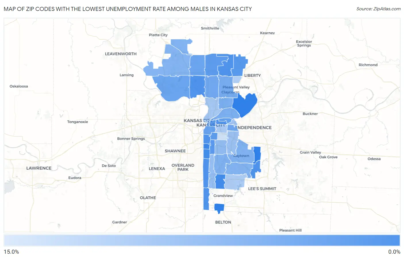 Zip Codes with the Lowest Unemployment Rate Among Males in Kansas City Map