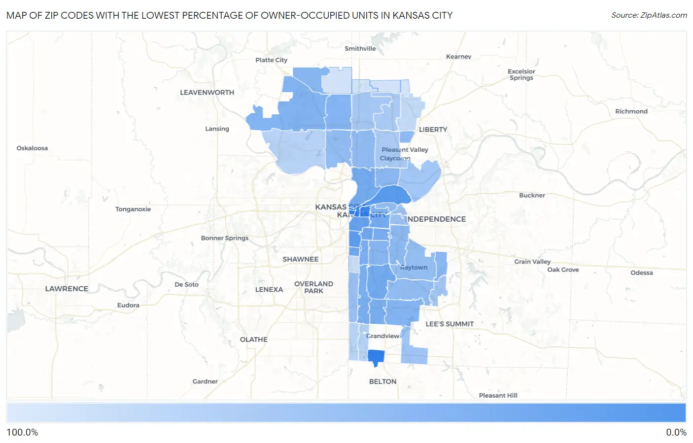 Zip Codes with the Lowest Percentage of Owner-Occupied Units in Kansas City Map
