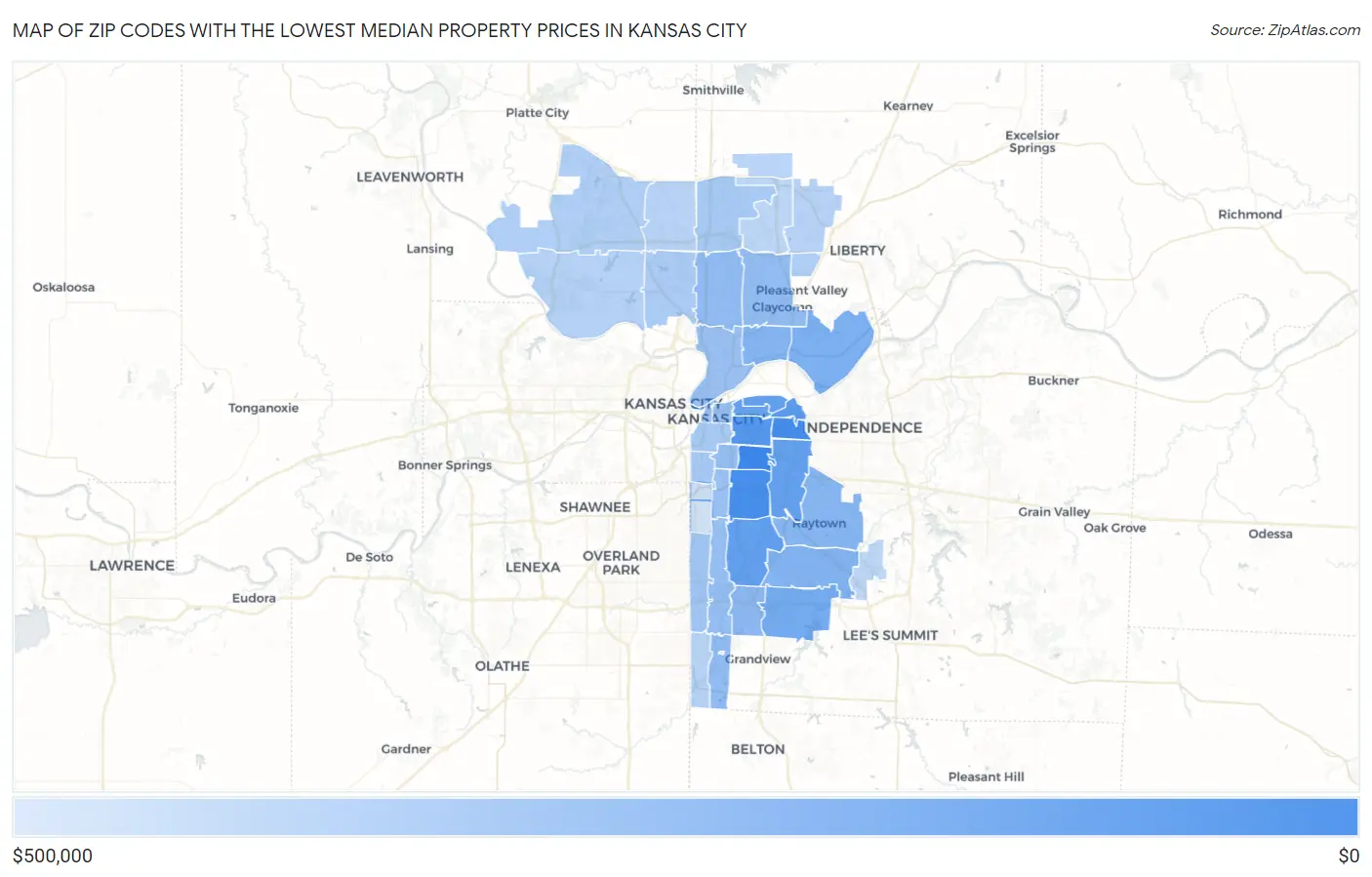 Zip Codes with the Lowest Median Property Prices in Kansas City Map