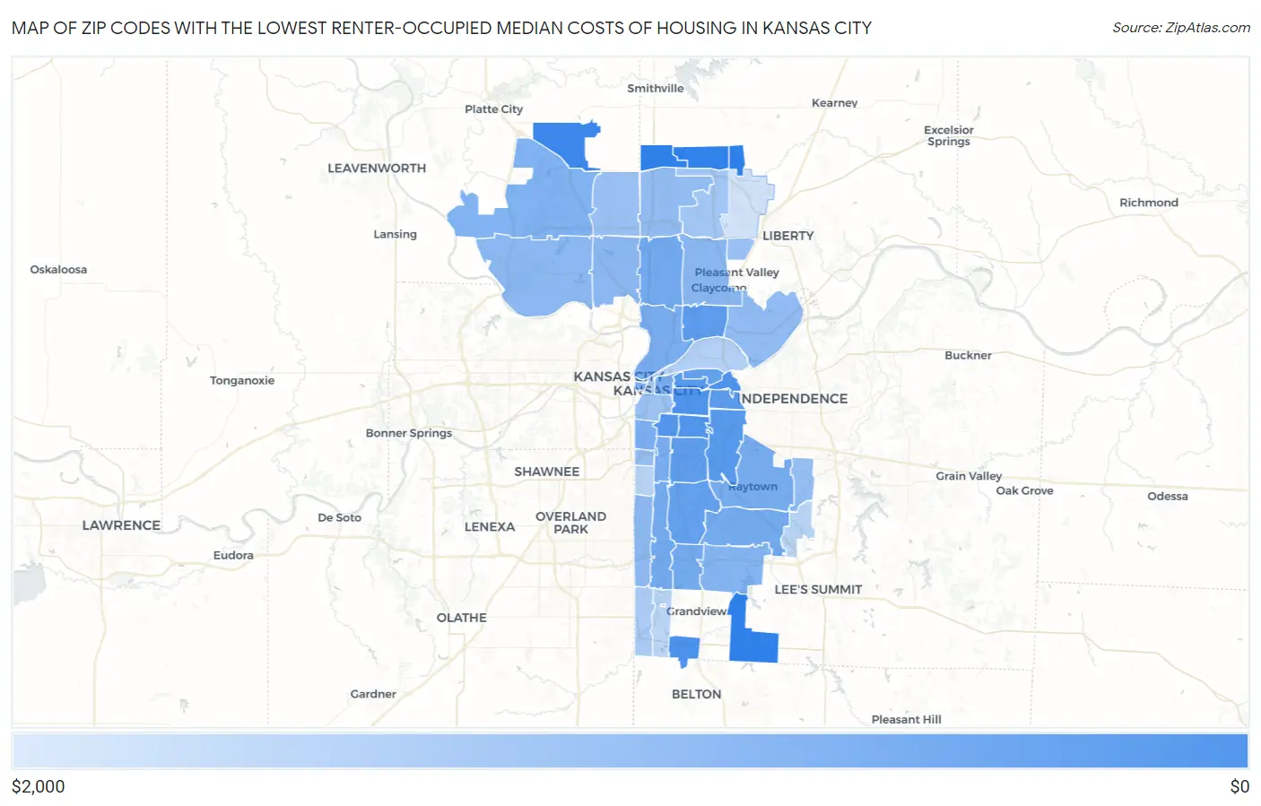 Zip Codes with the Lowest Renter-Occupied Median Costs of Housing in Kansas City Map