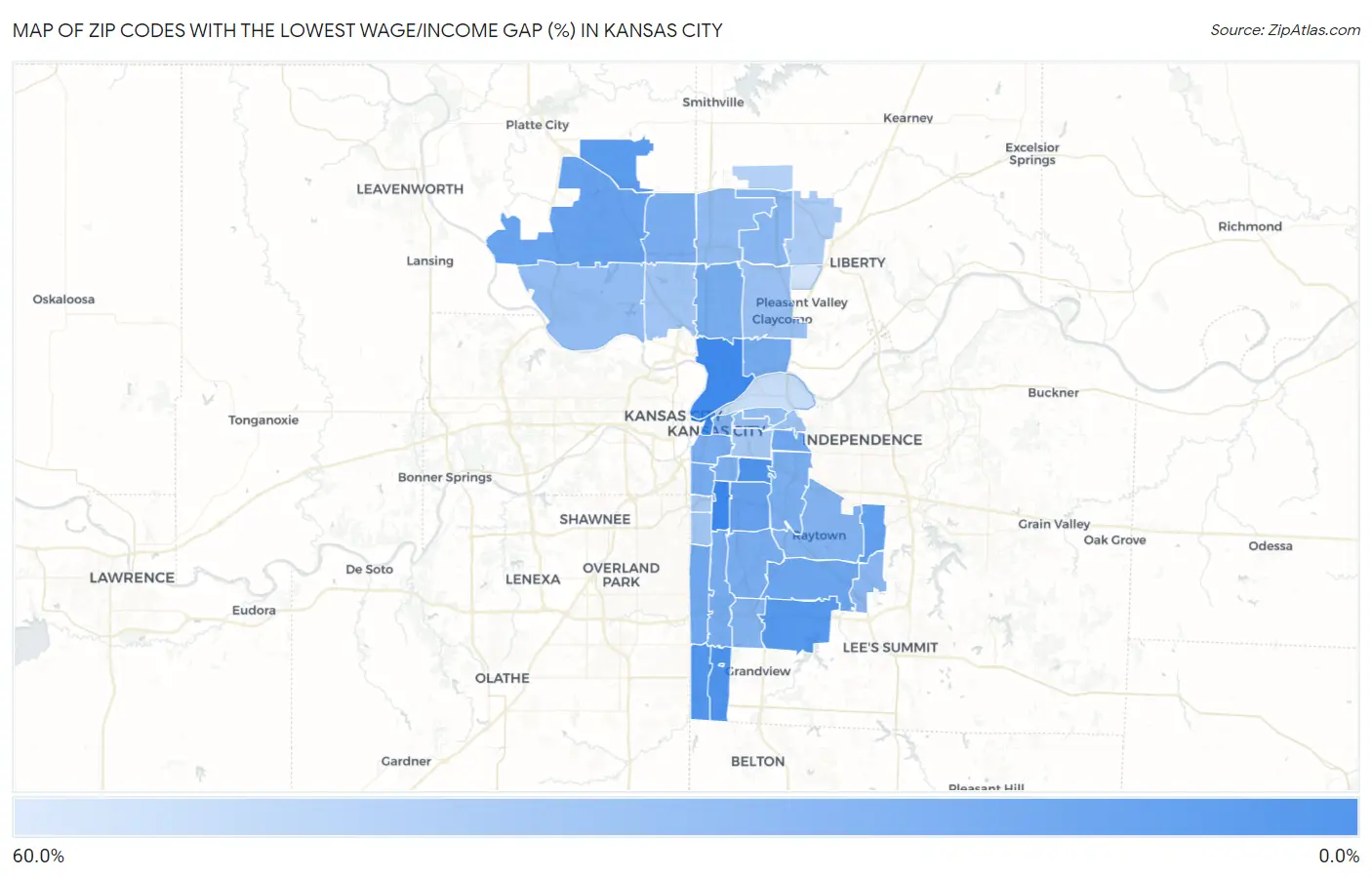 Zip Codes with the Lowest Wage/Income Gap (%) in Kansas City Map