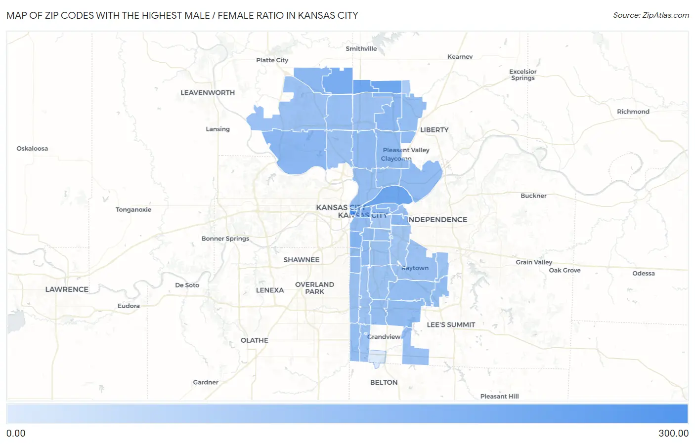 Zip Codes with the Highest Male / Female Ratio in Kansas City Map