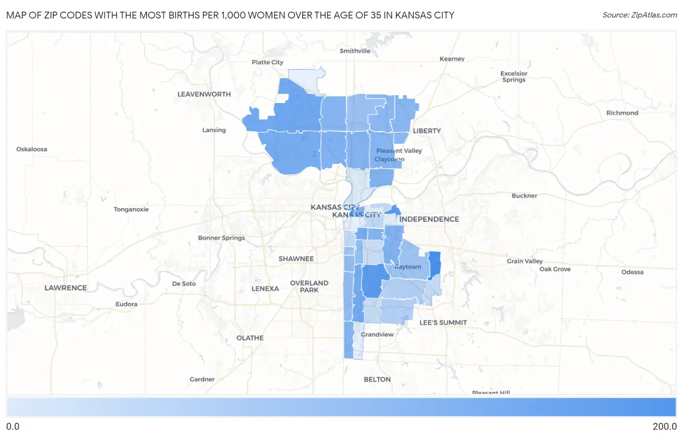 Zip Codes with the Most Births per 1,000 Women Over the Age of 35 in Kansas City Map