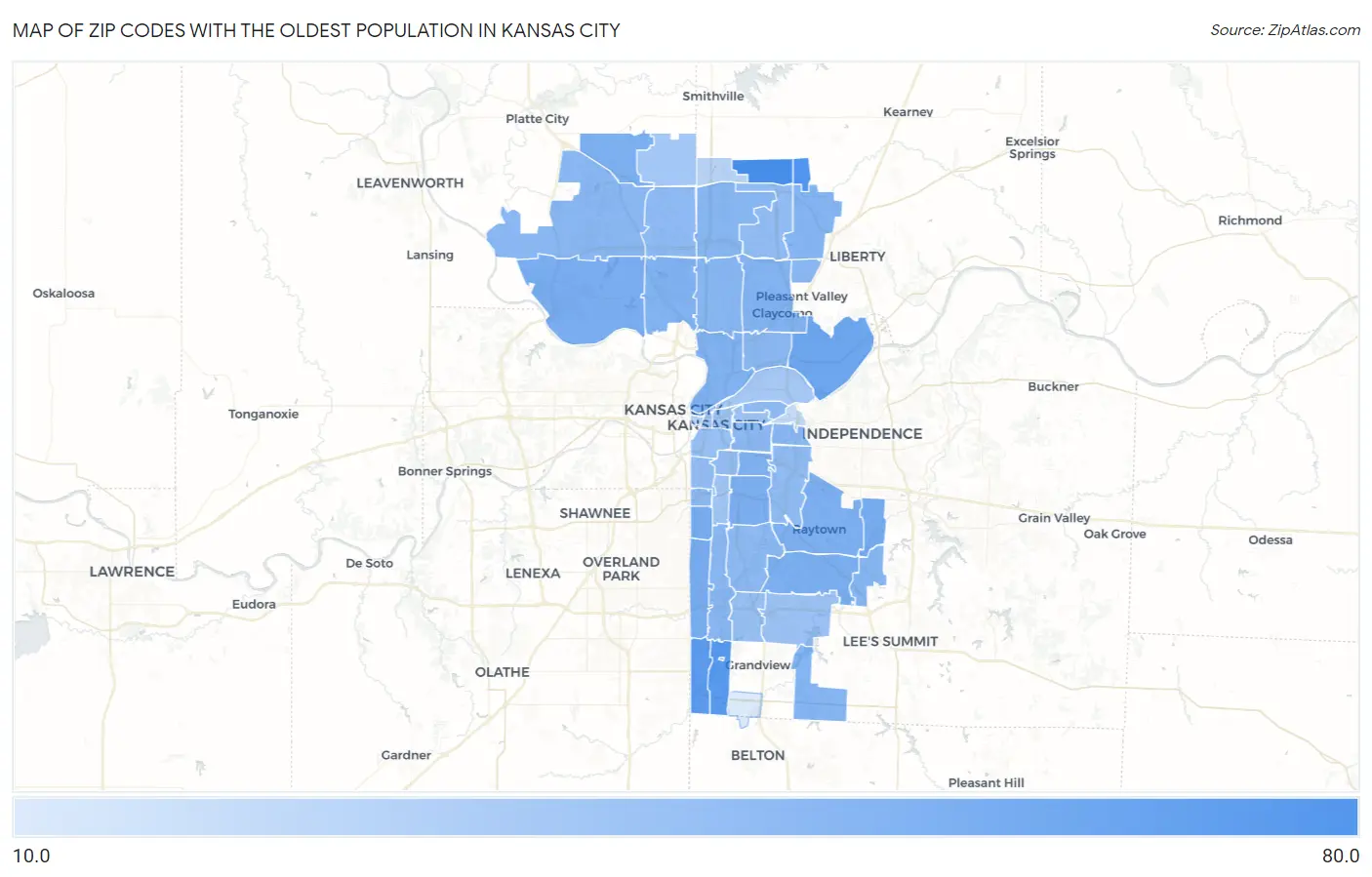 Zip Codes with the Oldest Population in Kansas City Map