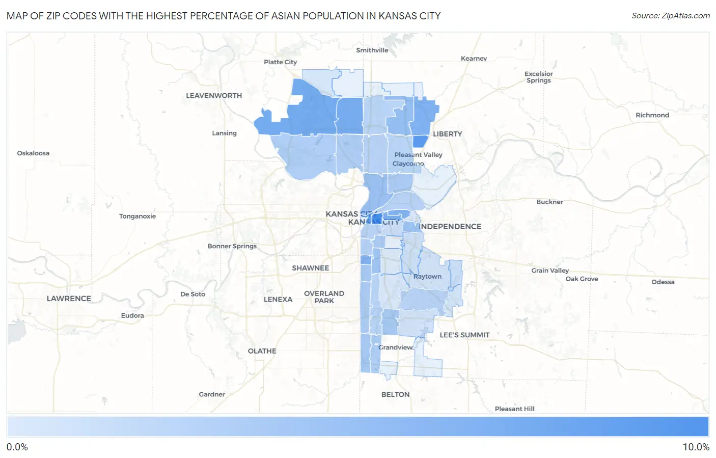 Zip Codes with the Highest Percentage of Asian Population in Kansas City Map