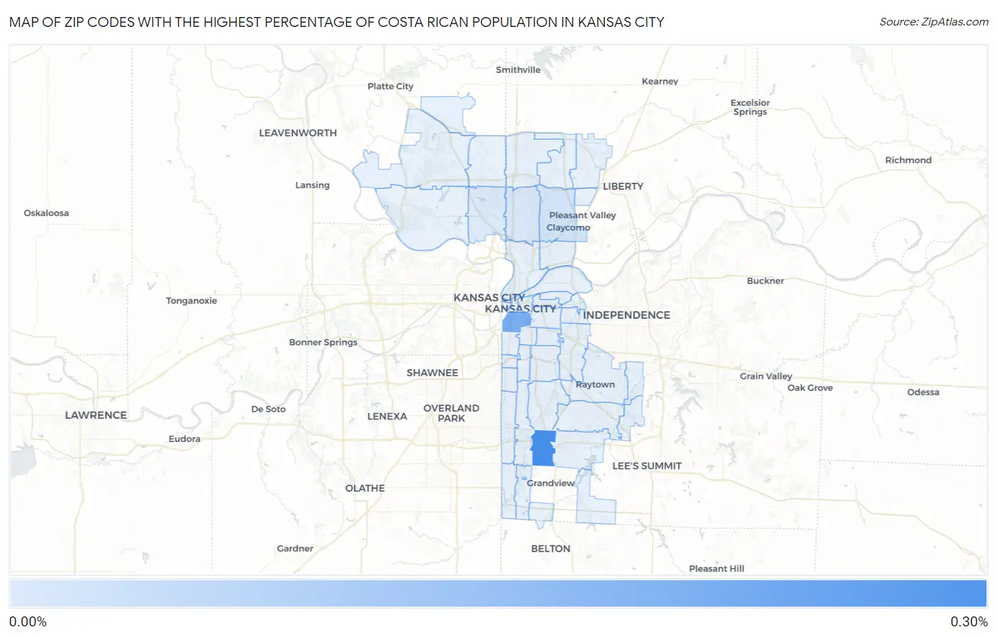 Zip Codes with the Highest Percentage of Costa Rican Population in Kansas City Map