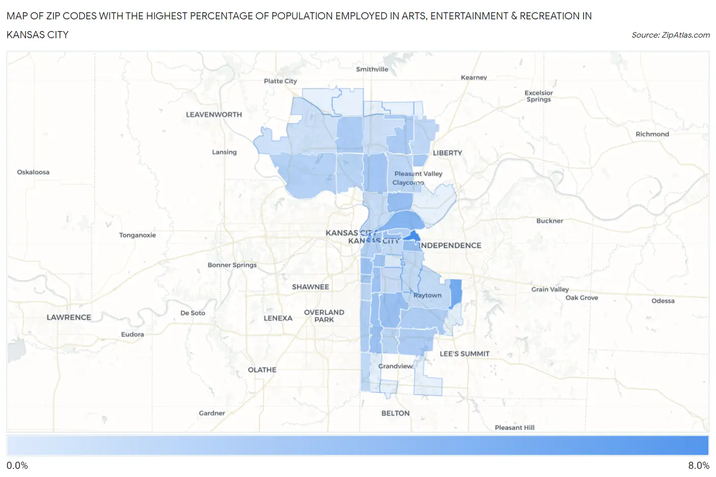 Zip Codes with the Highest Percentage of Population Employed in Arts, Entertainment & Recreation in Kansas City Map