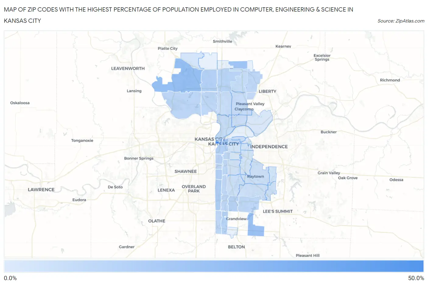 Zip Codes with the Highest Percentage of Population Employed in Computer, Engineering & Science in Kansas City Map