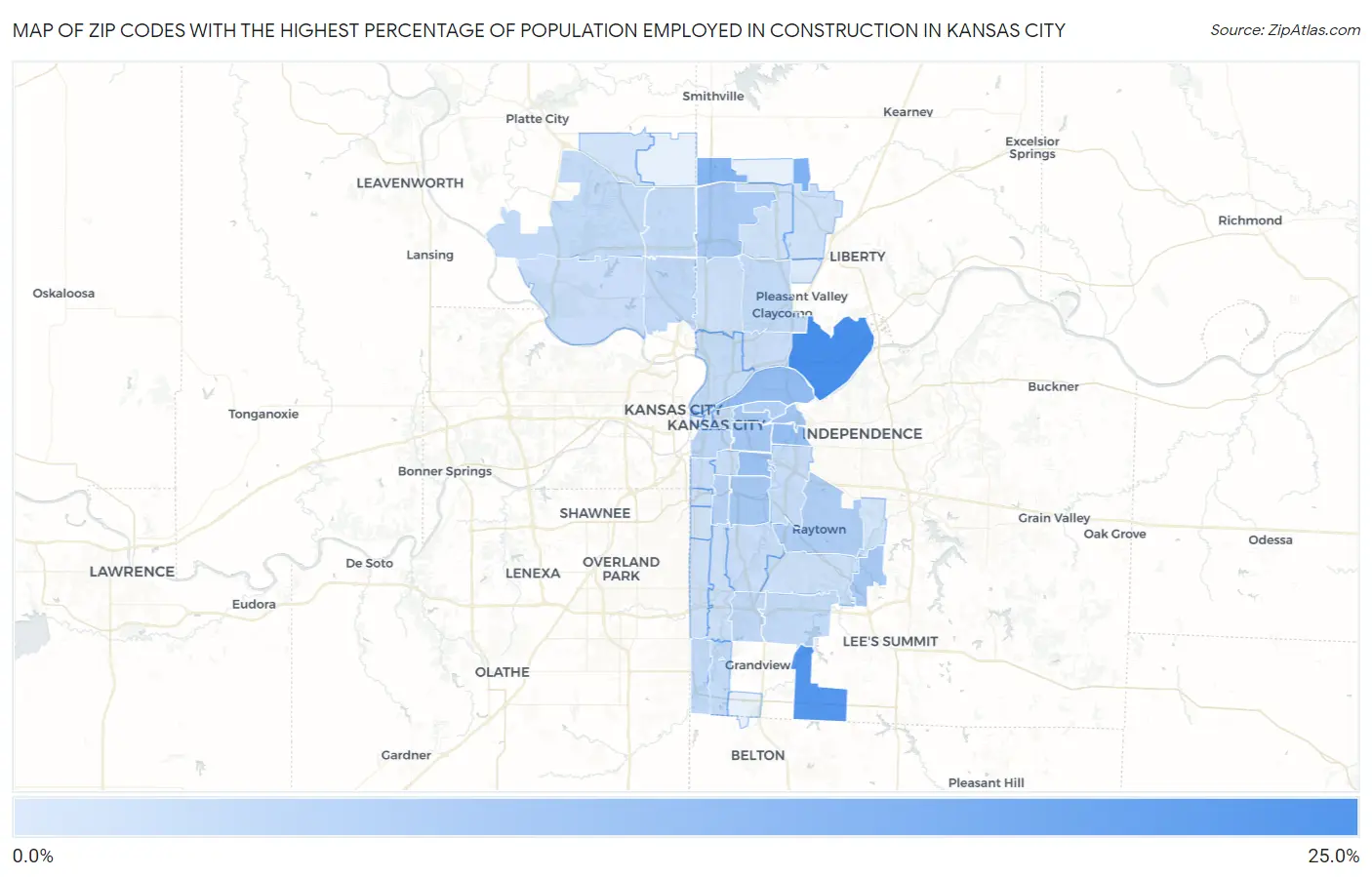 Zip Codes with the Highest Percentage of Population Employed in Construction in Kansas City Map