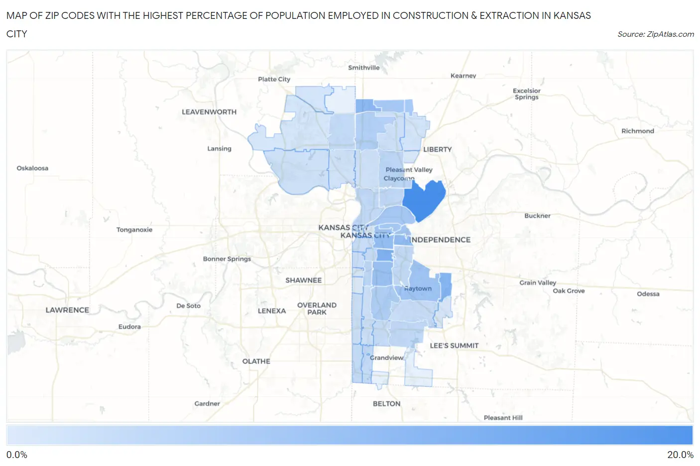 Zip Codes with the Highest Percentage of Population Employed in Construction & Extraction in Kansas City Map