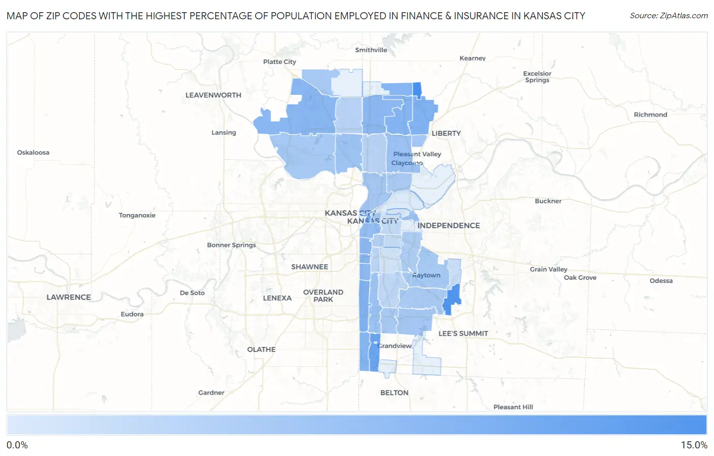 Zip Codes with the Highest Percentage of Population Employed in Finance & Insurance in Kansas City Map