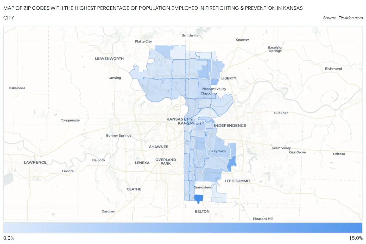 Zip Codes with the Highest Percentage of Population Employed in Firefighting & Prevention in Kansas City Map