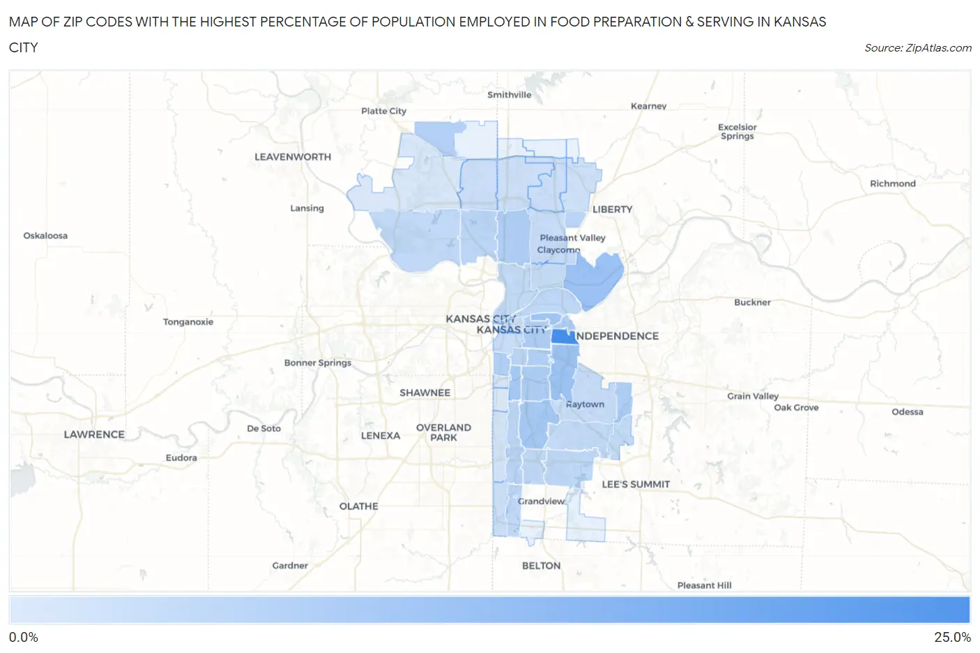 Zip Codes with the Highest Percentage of Population Employed in Food Preparation & Serving in Kansas City Map
